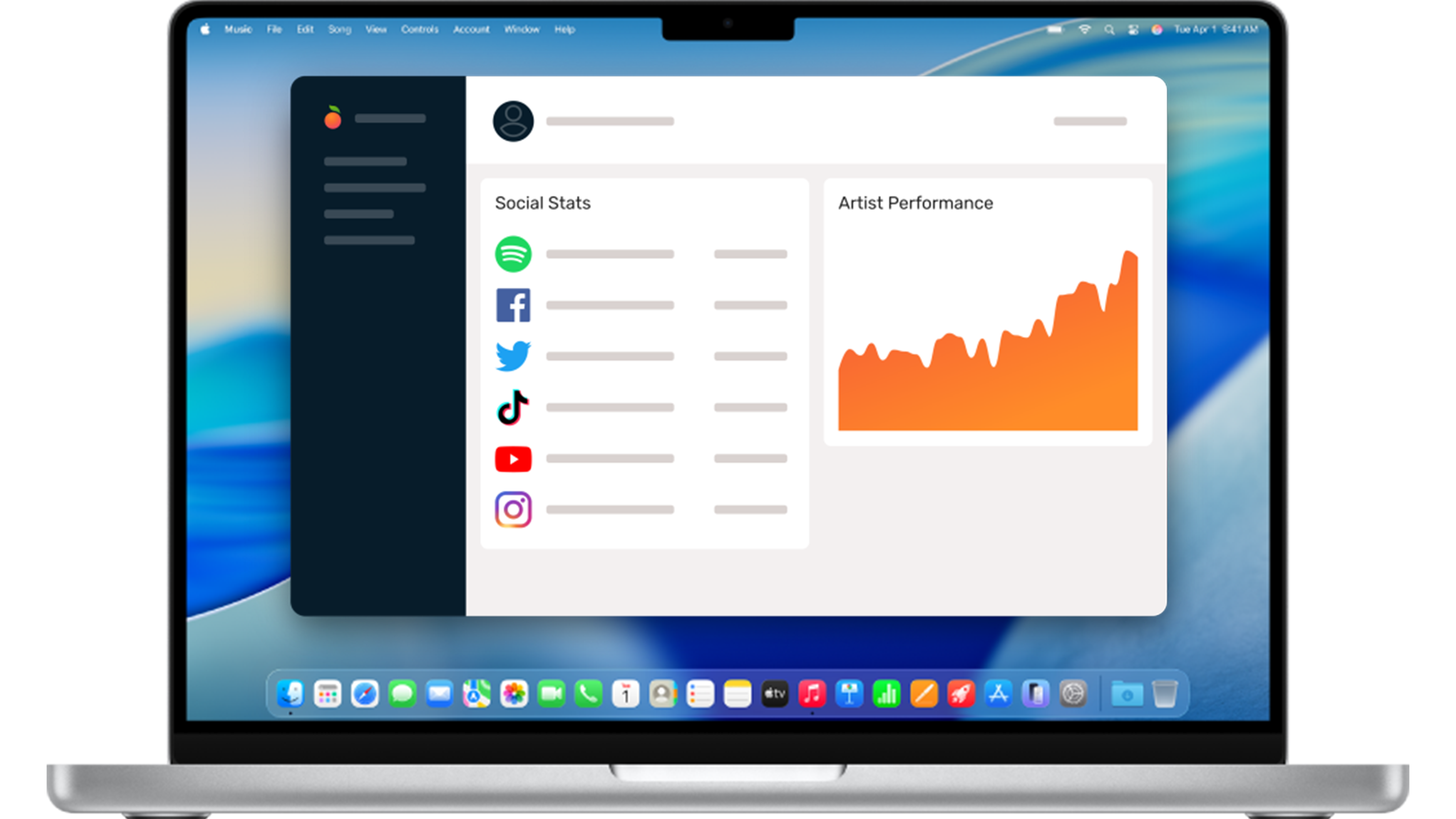 A laptop displaying a user interface with social media stats and an artist performance graph.